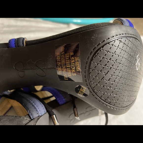 Blue and black leather, strap up 4 inch heeled sandals NWT - Picture 3 of 4